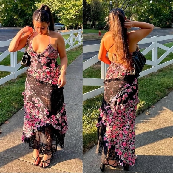 For Love & Lemons Rosalyn Pink Floral Ruffled Bohemian Formal V Neck Maxi Dress - Picture 3 of 15